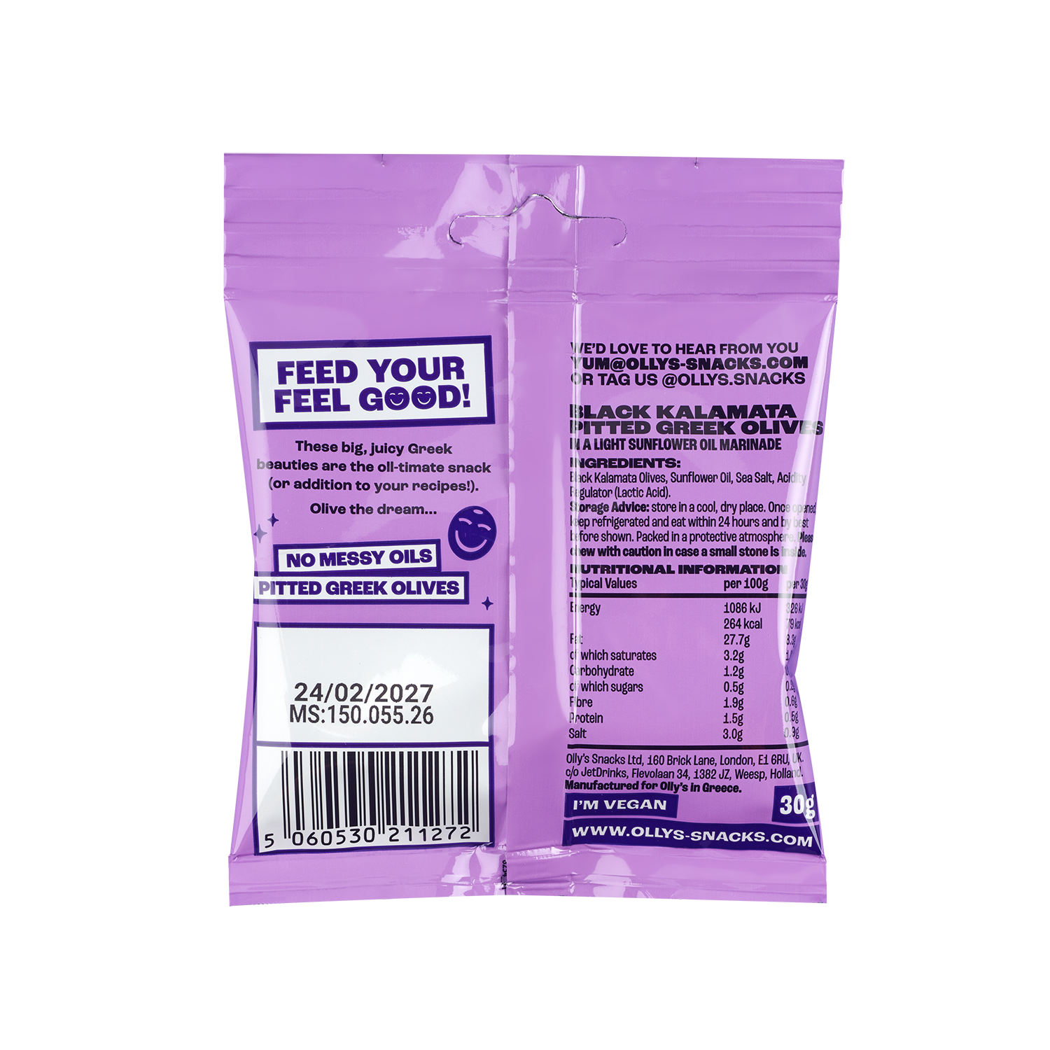 Back of Olly's Olives - Pitted Greek Kalamata 30g also contains nutritional information
