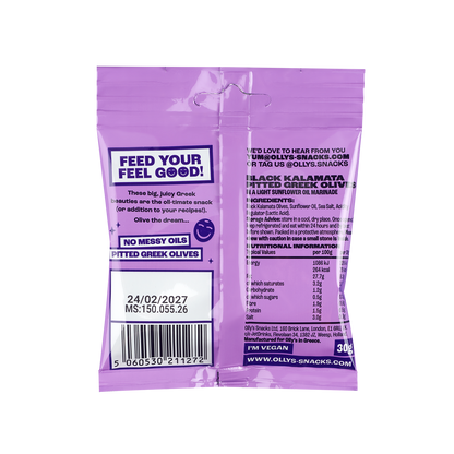 Back of Olly's Olives - Pitted Greek Kalamata 30g also contains nutritional information