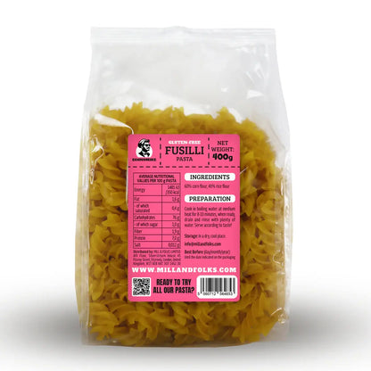Back of packaging for Economike Gluten-free corn-rice pasta fusilli 400g showing nutritional Information