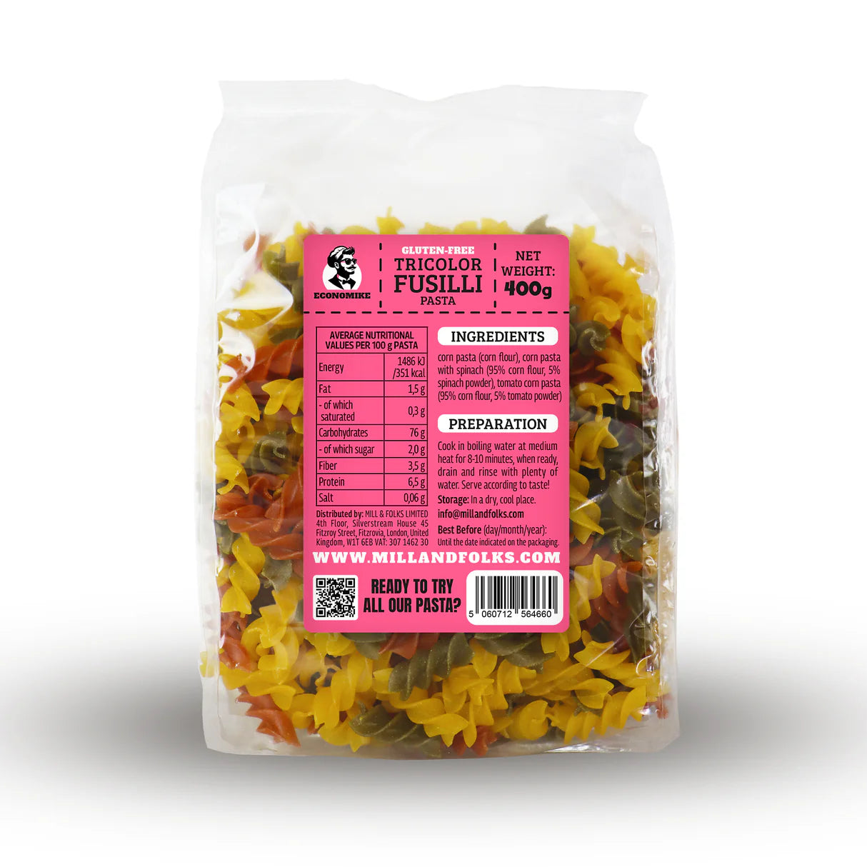 Economike Gluten free corn pasta tricolor fusilli 400g