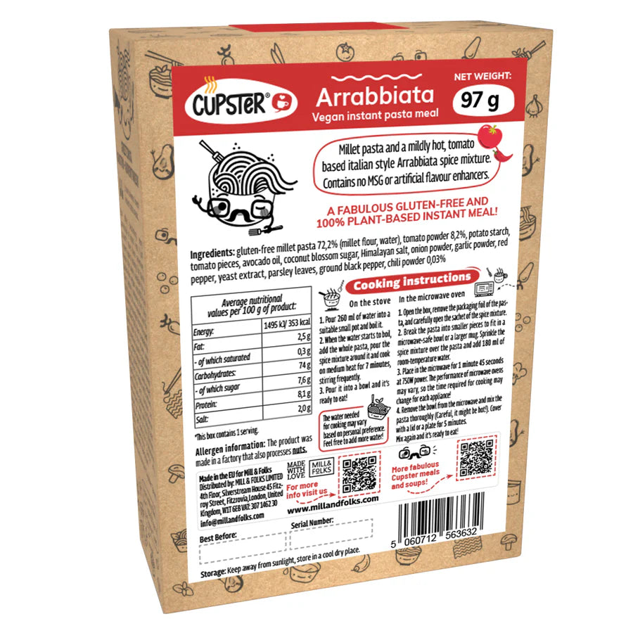 back view of Cupster instant Cupster Instant Arrabbiata Pasta 97g containing nutritional information and ingredients.