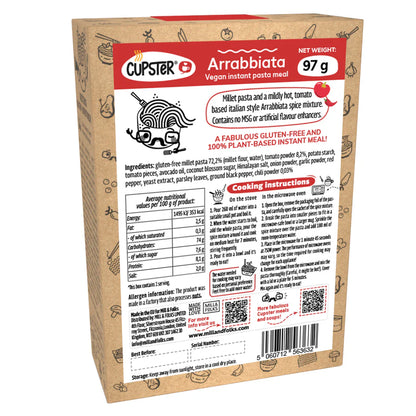 back view of Cupster instant Cupster Instant Arrabbiata Pasta 97g containing nutritional information and ingredients.