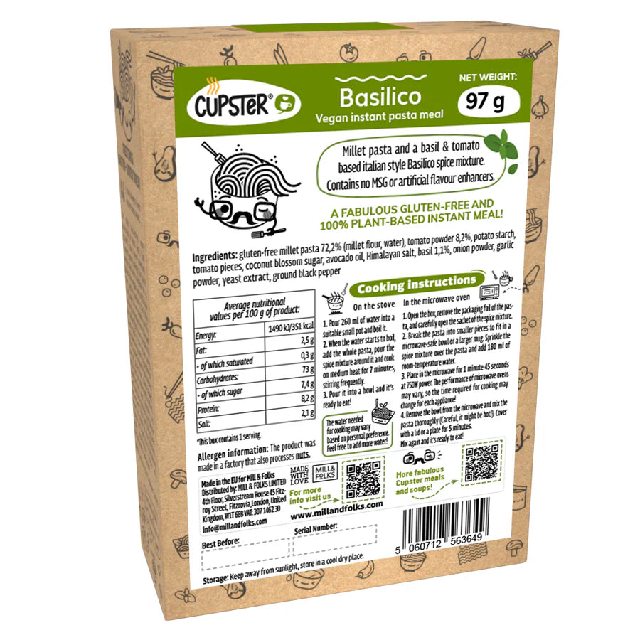 Back view of a Cupster Instant Basilico Pasta 97g with ingredients, nutrition facts, and cooking instructions.