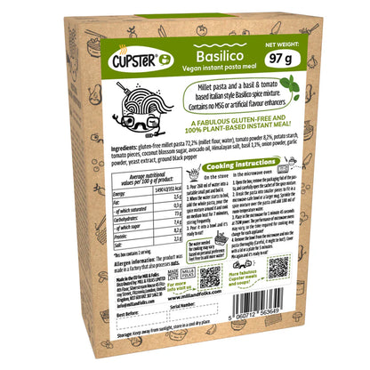 Back view of a Cupster Instant Basilico Pasta 97g with ingredients, nutrition facts, and cooking instructions.