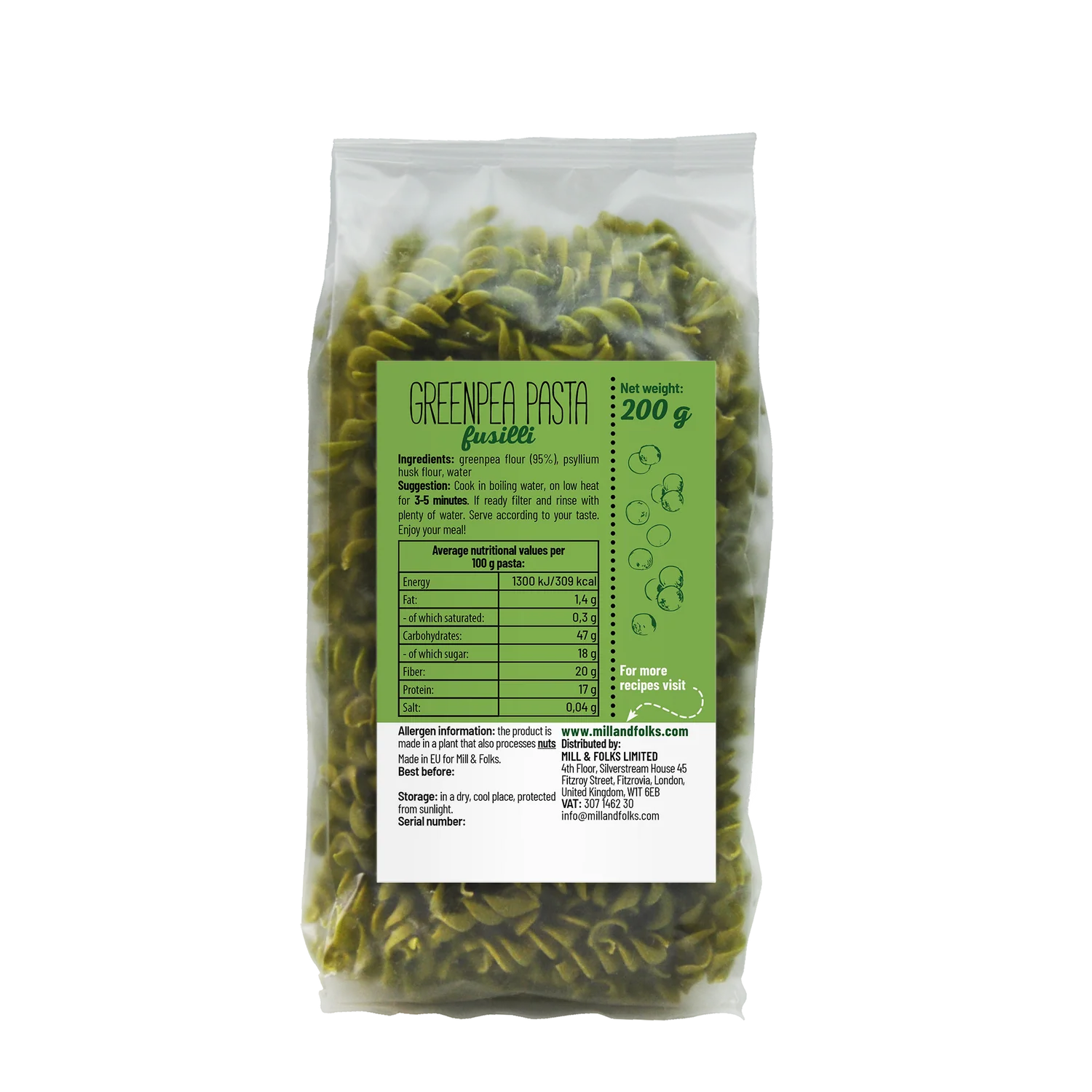 Easy Pasta Green pea pasta fusilli 200g by Mill & folks