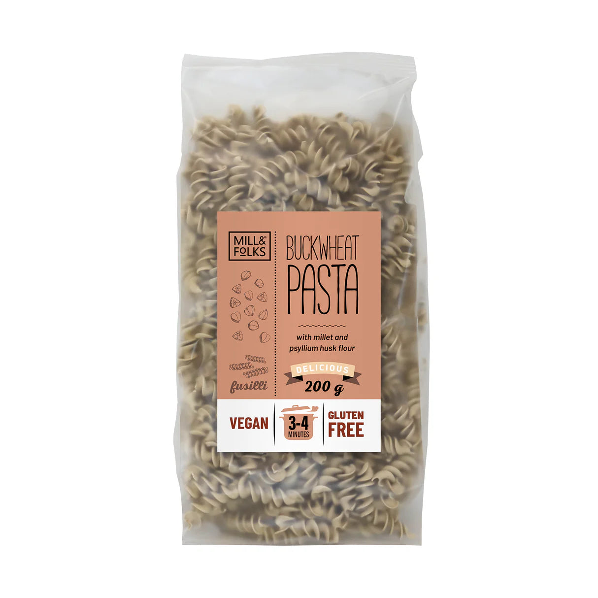 Front package of Mill & Folks - Gluten Free Buckwheat pasta fusilli 200g