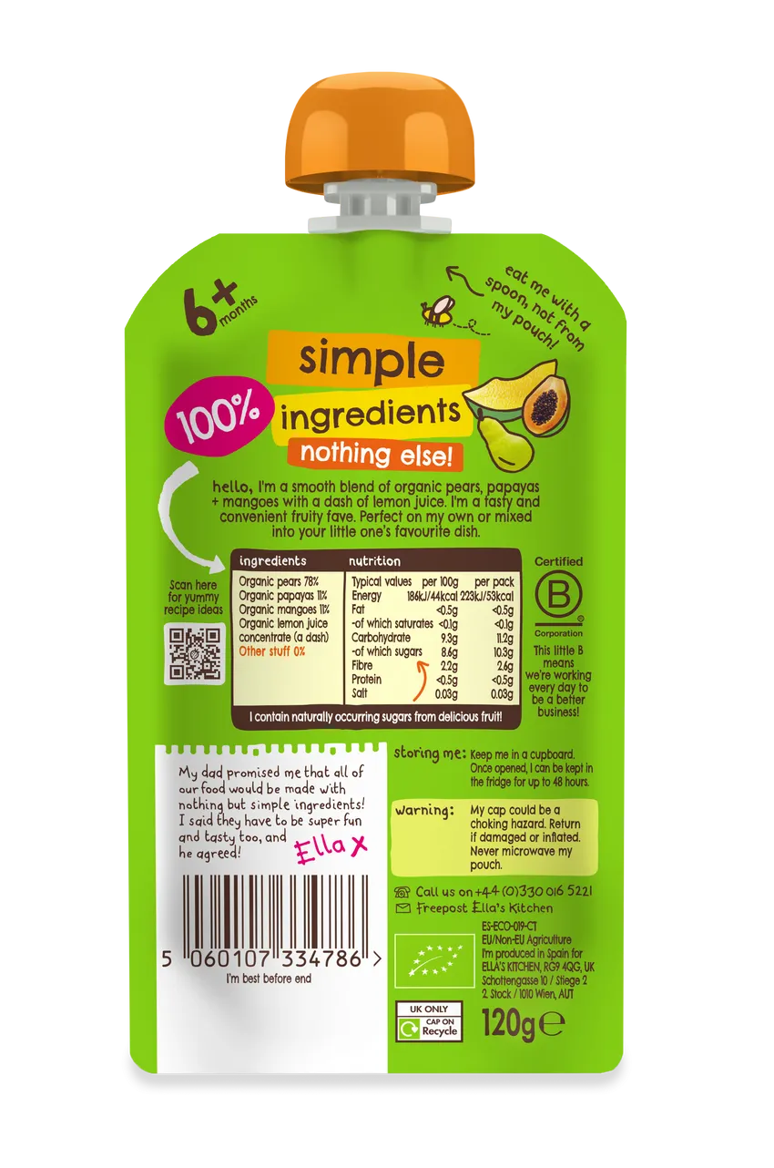 Back packaging for Ella's Kitchen - Stage 1 - Mangoes, Pears + Papayas 120g