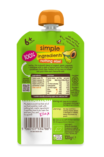 Back packaging for Ella's Kitchen - Stage 1 - Mangoes, Pears + Papayas 120g