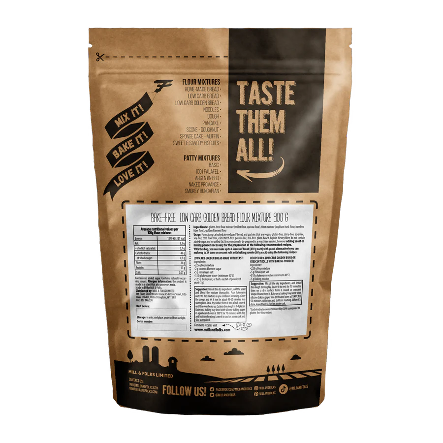 back of Bake-Free Low Carb Golden Bread flour mixture 900g package with ingredients and preparation suggestions