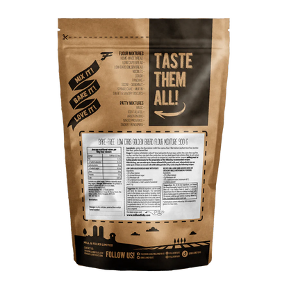 back of Bake-Free Low Carb Golden Bread flour mixture 900g package with ingredients and preparation suggestions