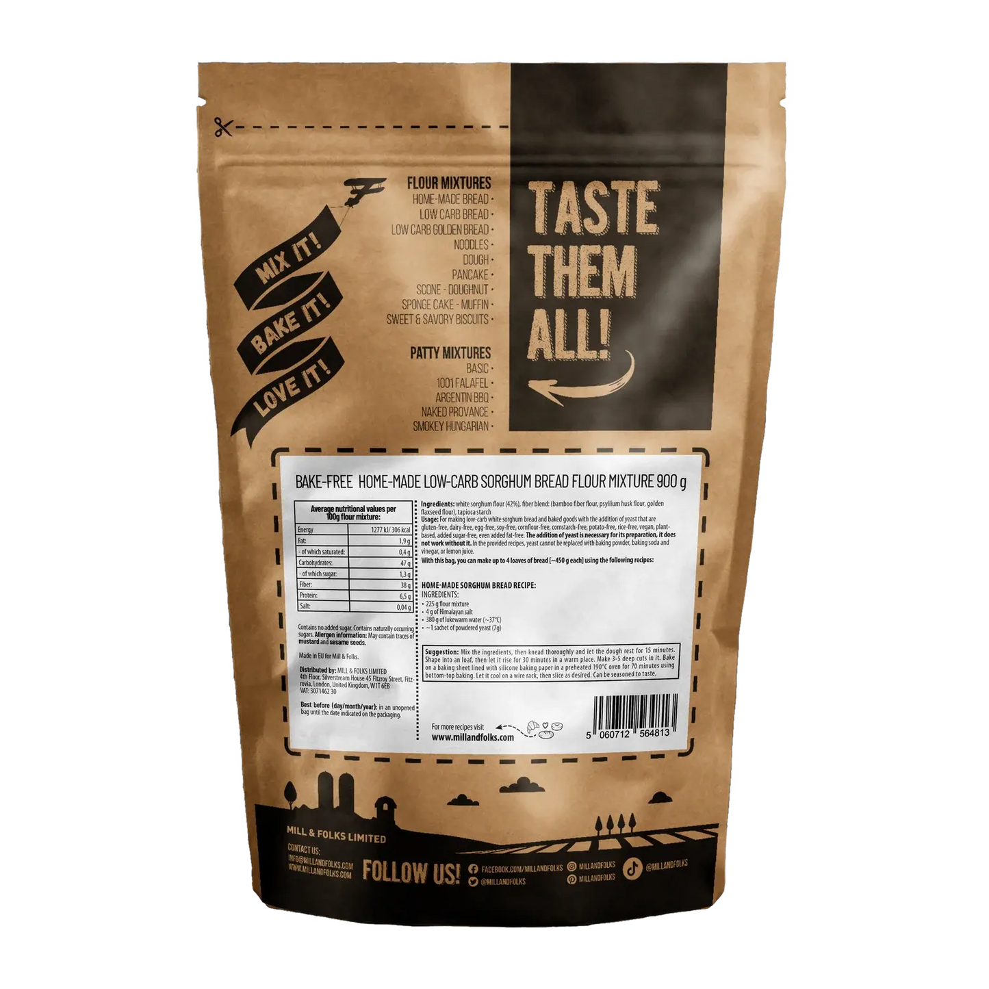 Back View of Mills & Folks - Bake-Free Home-made Low-carb Sorghum Bread Flour Mixture 900g Also contains nutritional Information