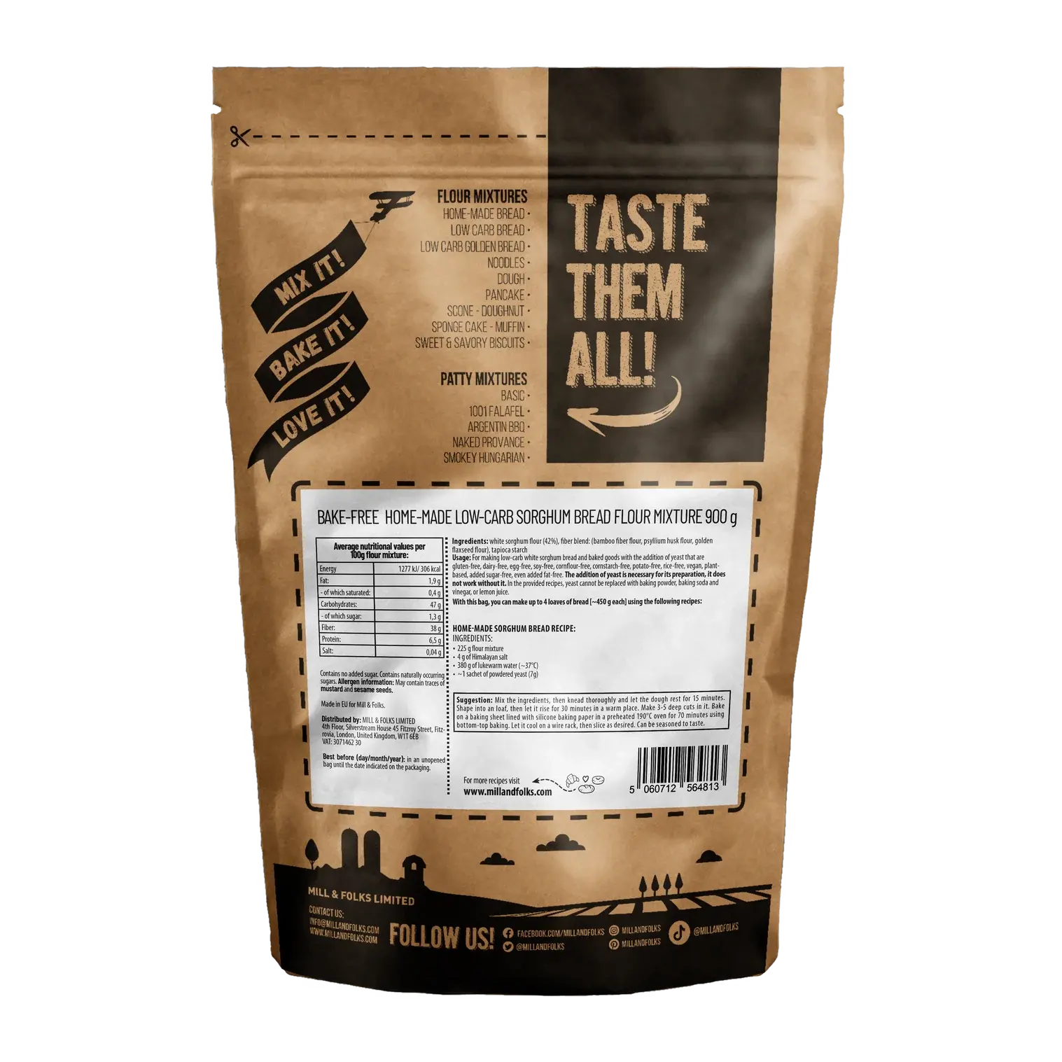 Back View of Mills & Folks - Bake-Free Home-made Low-carb Sorghum Bread Flour Mixture 900g Also contains nutritional Information