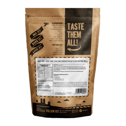 Back View of Mills & Folks - Bake-Free Home-made Low-carb Sorghum Bread Flour Mixture 900g Also contains nutritional Information