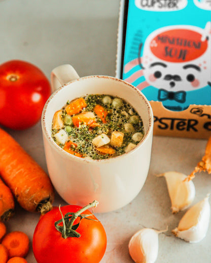 Mug of cooked soup Cupster instant minestrone soup 