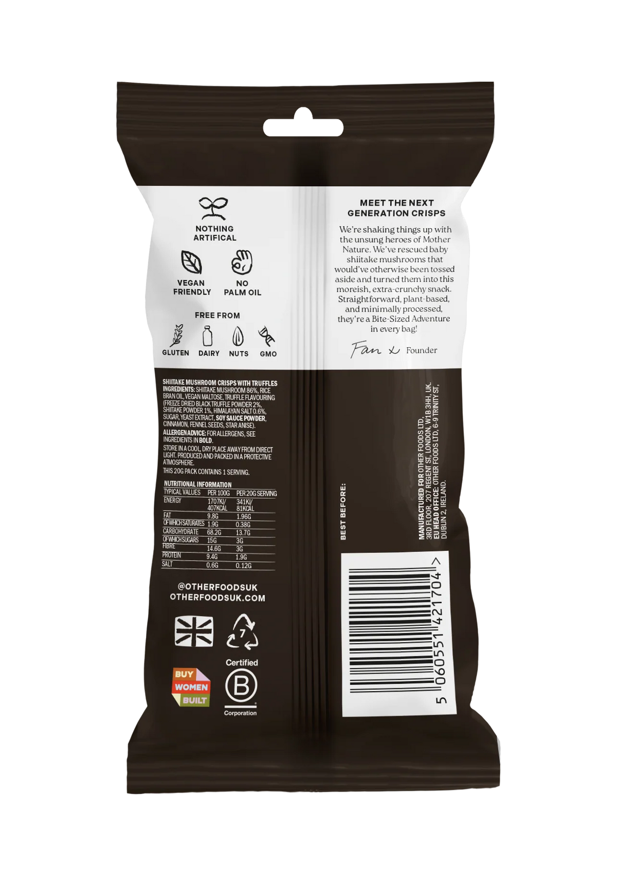 Crunchy Baby Shiitake Mushroom - Black Truffle & Pink salt ingredients and back of packging