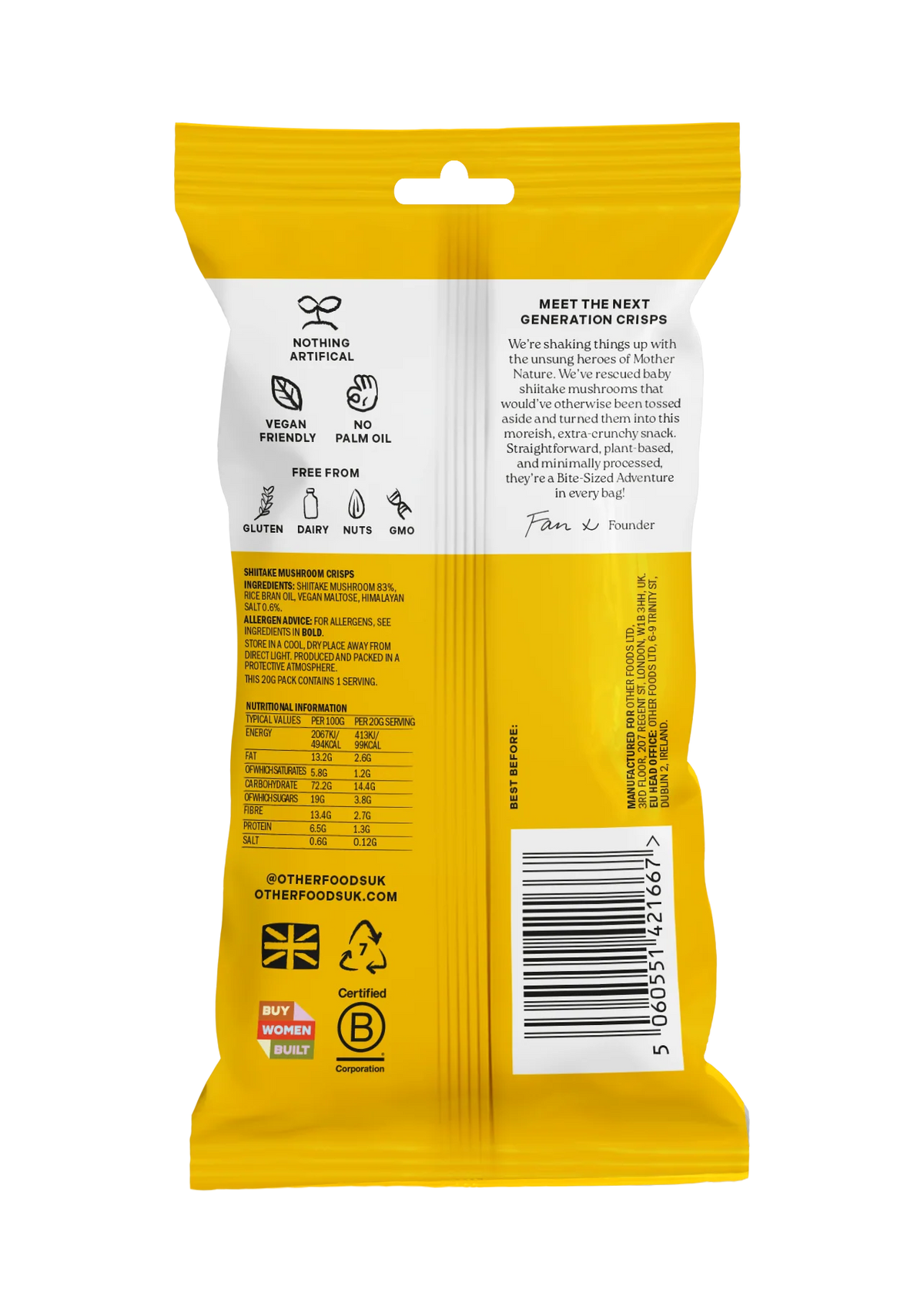 Back view of Other Foods - Baby Shiitake Mushroom Sweet & Umami 20g also shows nutritional information