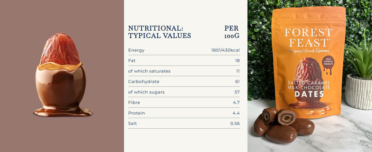 Forest Feast Salted Caramel & Milk Chocolate Dates Chocolate Covered Dates 140g - Nutritional Information
