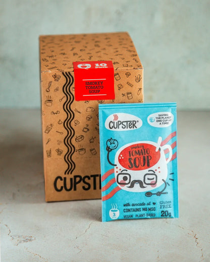 Cupster instant smokey tomato soup 10 pack showing the packaging and 1 packet at the front.