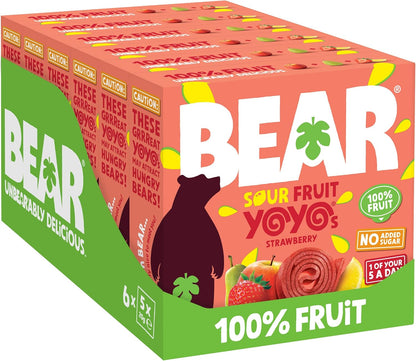 BEAR Extreme Sour Strawberry Yoyo Fruit Rolls Kids Snack pack of 30