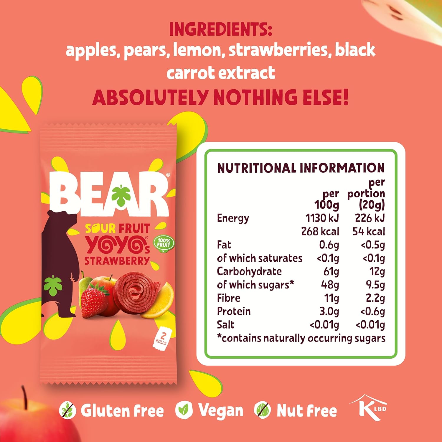 BEAR Extreme Sour Strawberry Yoyo Fruit Rolls Nutritional Info