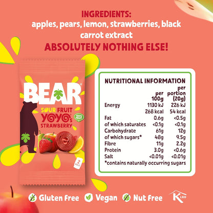 BEAR Extreme Sour Strawberry Yoyo Fruit Rolls Nutritional Info