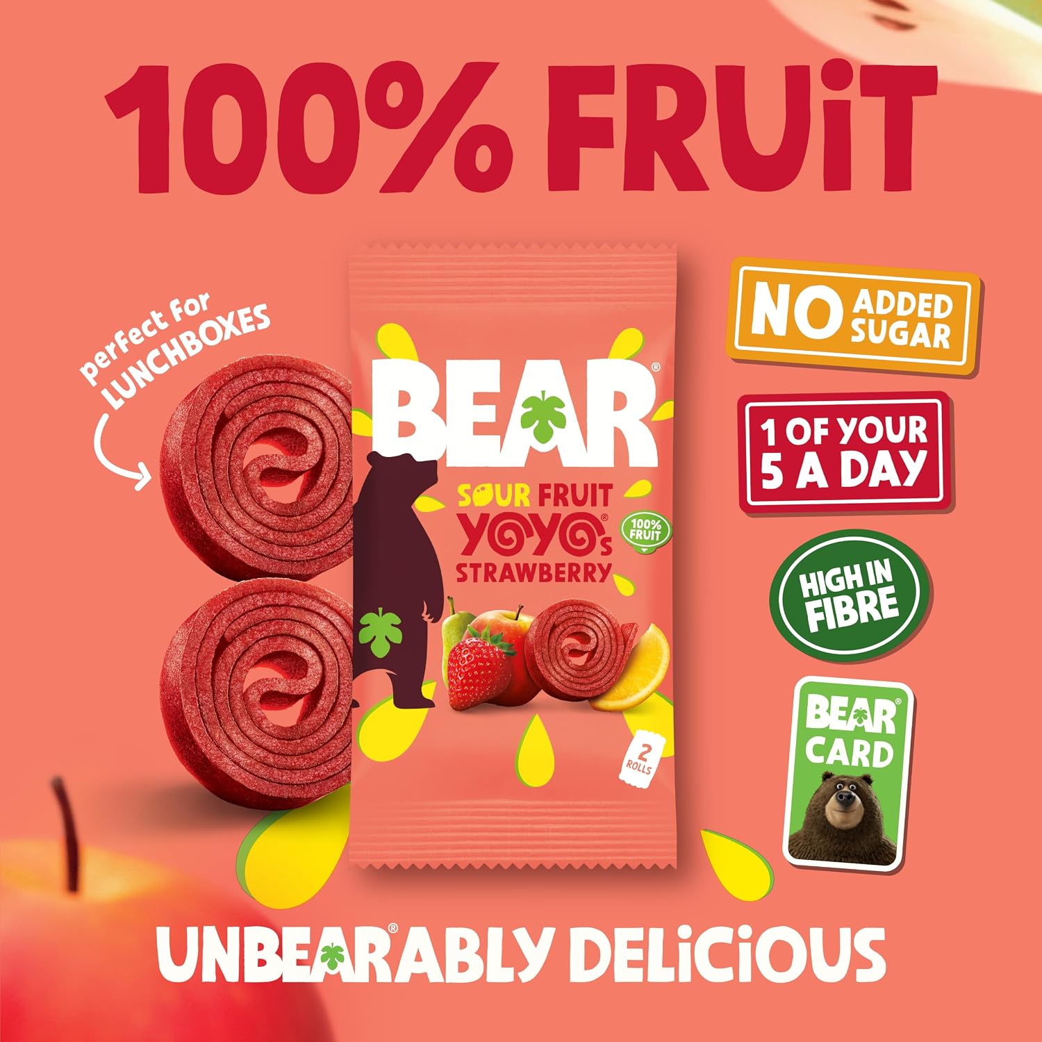 A Bag of Bear Sour Fruit Yogurt Strawberry snack. with a bear card showing. No added sugar and 1 if your 5 a day