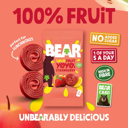 A Bag of Bear Sour Fruit Yogurt Strawberry snack. with a bear card showing. No added sugar and 1 if your 5 a day