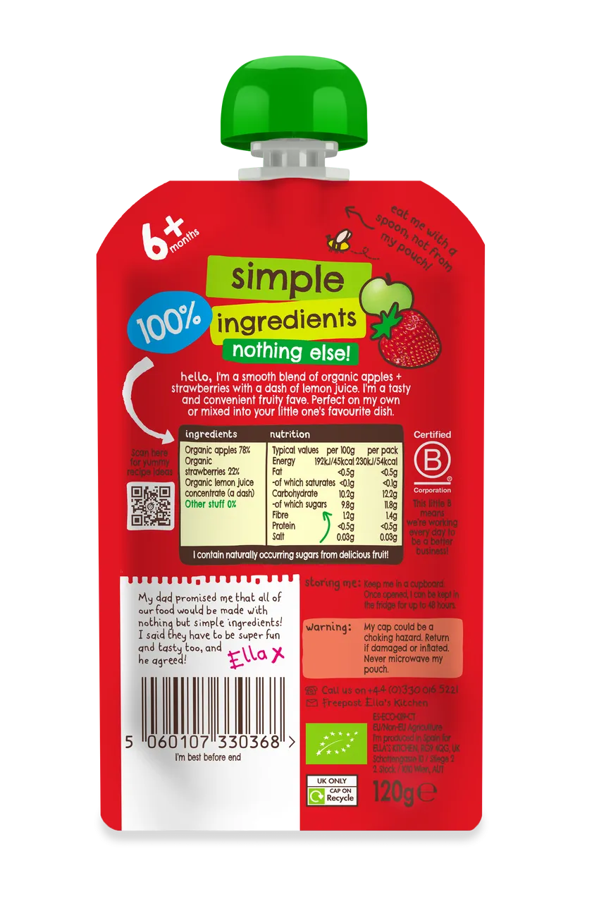 Ella's Kitchen - Stage 1 - Strawberries + Apples 120g - Back Paskaging