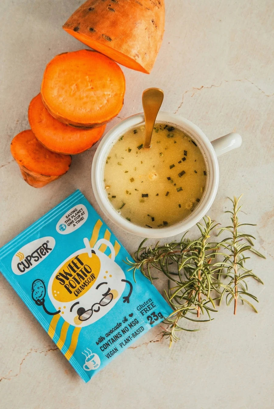 Cupster instant sweet potato cream soup cooked with water in a mug.