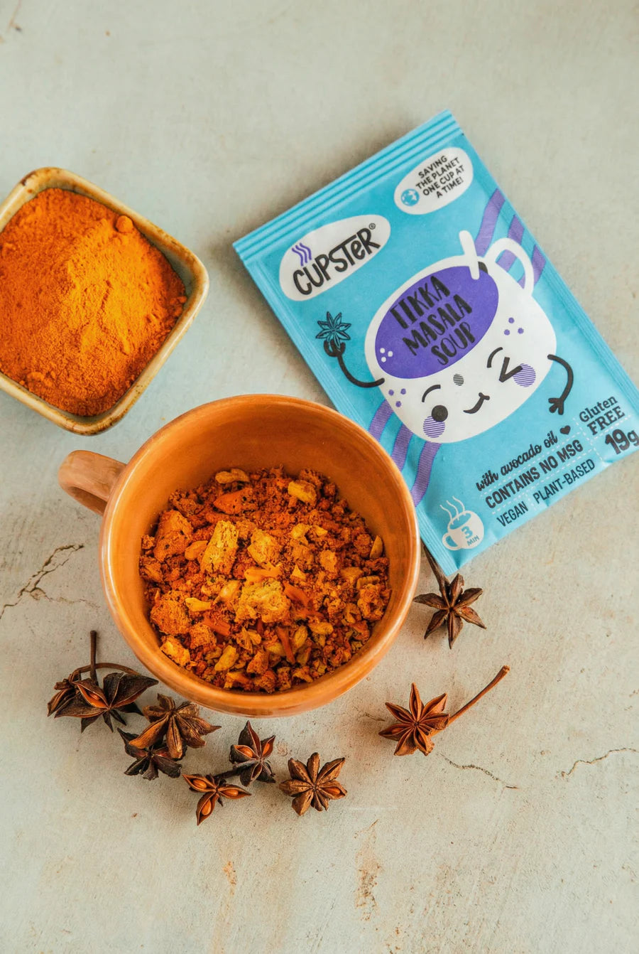 Cupster instant tikka masala soups dried ingrediants in a yellow mug