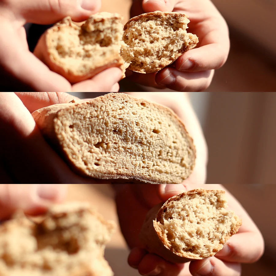 A three-panel close-up collage showing hands breaking a rustic loaf of bread to reveal its soft, porous crumb texture. The bread was mad using Mills & Folks - Bake-Free Sorghum bread flour mixture