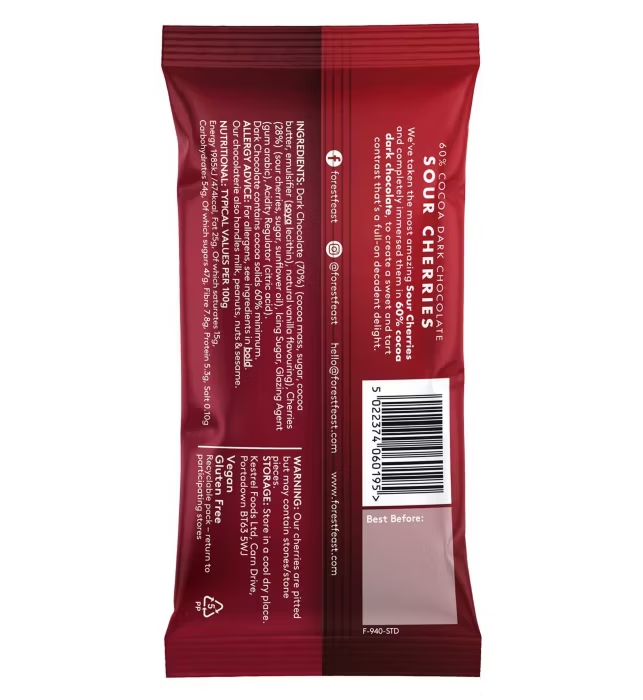 Back packaging for Forest Feast Dark Chocolate Sour Cherries Snack Pack 40g