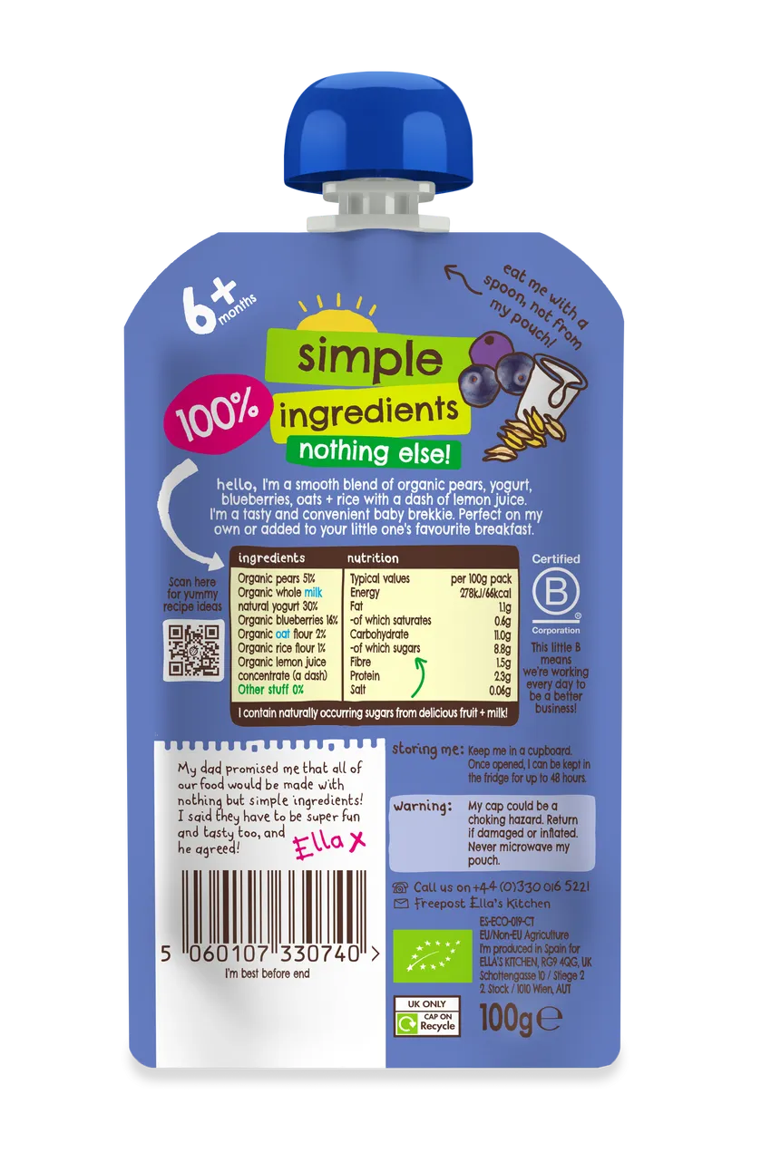 Ella's Kitchen - Baby Brekkie - Blueberry + Pear back packaging.