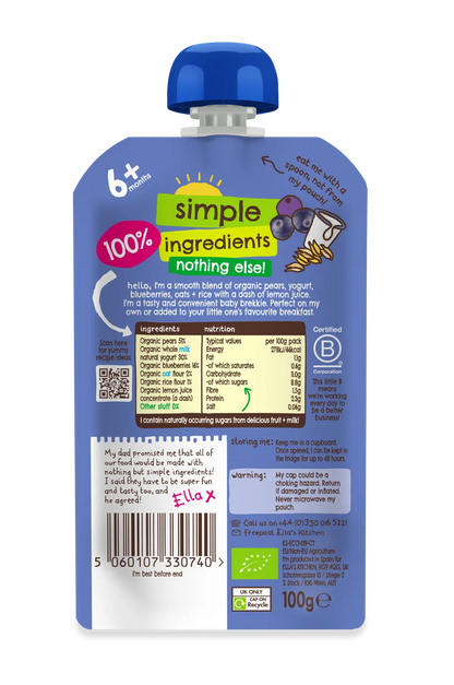Ella's Kitchen - Baby Brekkie - Blueberry + Pear back packaging.